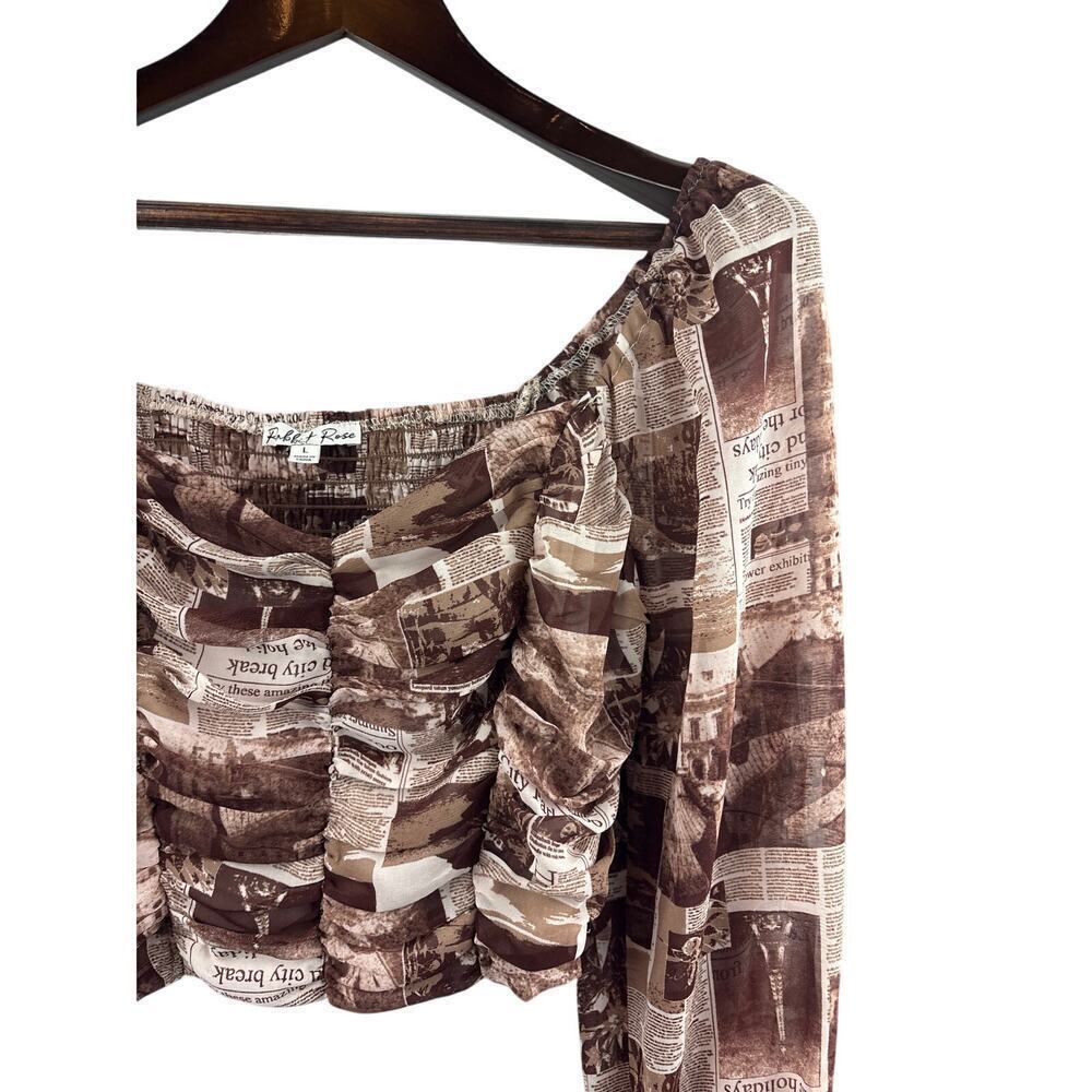 Women’s Rabbit Rose Large Brown & White Newspaper Patterned Cropped Blouse - Picture 2 of 5
